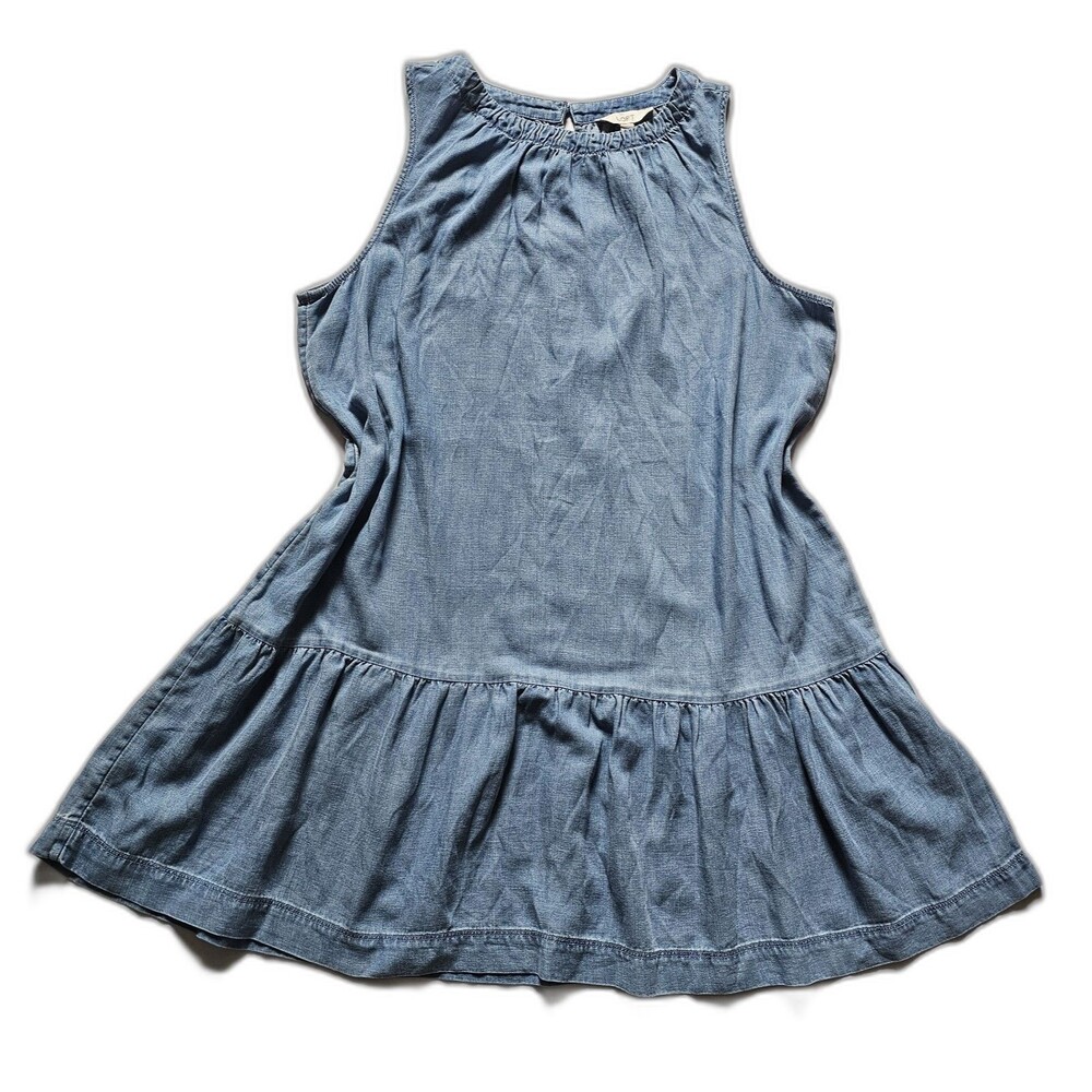 LOFT XL Chambray Denim Ruched Flounce Swing Dress Sleeveless Tiered Ruffle Hem